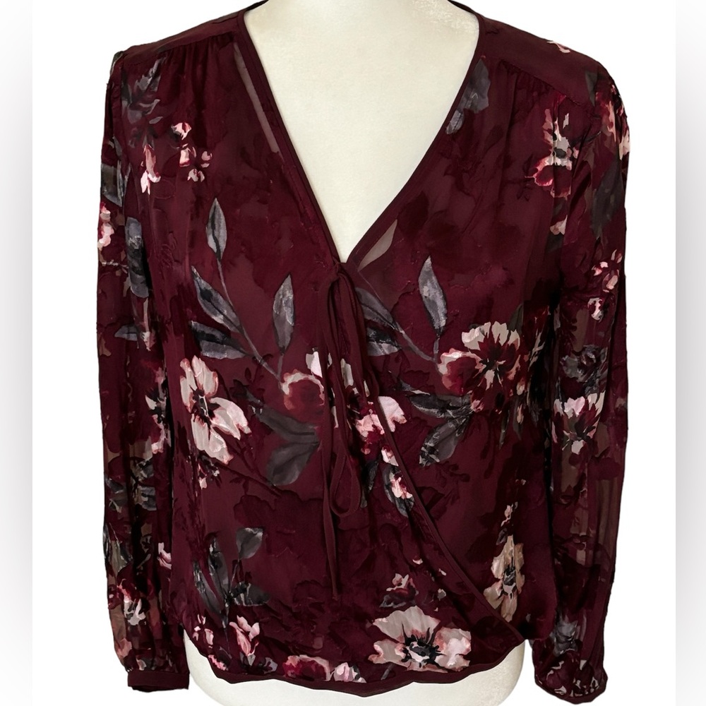 WHITE HOUSE BLACK MARKET Burgundy Sheer Sleeve Top Size 2